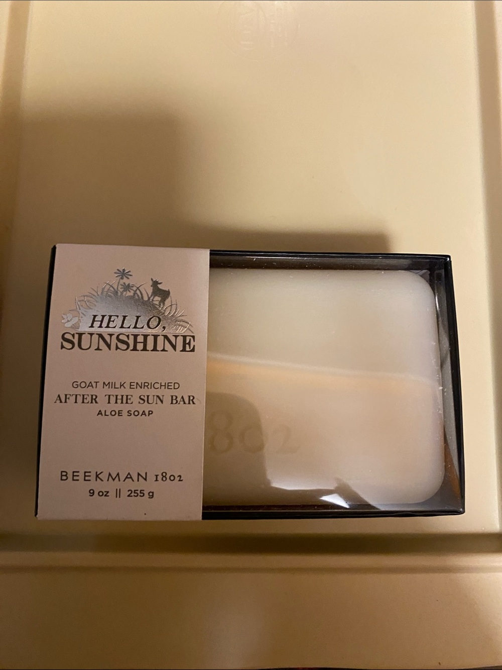 Beekman 1802 Black & Cream Soap Bar with Ingredient Label